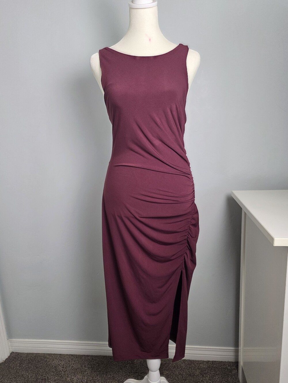 Banana Republic Burgundy Ruched Side Slit Midi Dress Size M